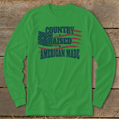 Green long-sleeve shirt with "Country Raised American Made" and distressed American flag graphic.