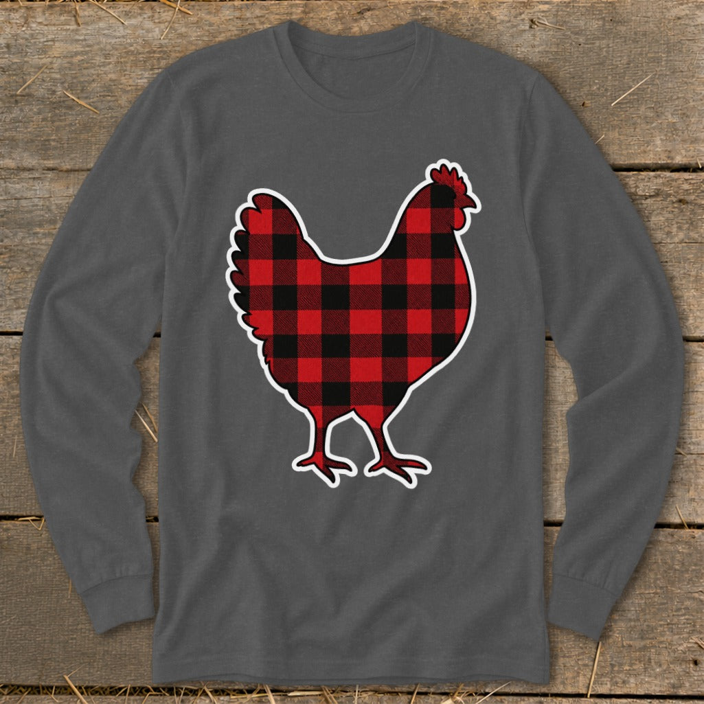 Grey long sleeve shirt with a red and black buffalo plaid chicken graphic.