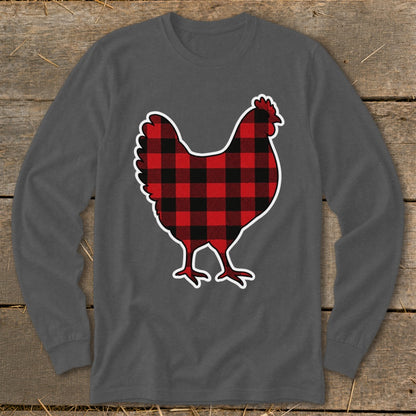 Grey long sleeve shirt with a red and black buffalo plaid chicken graphic.