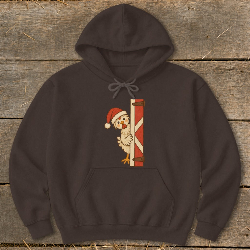 Brown hoodie with a cartoon chicken wearing a Santa hat peeking from behind a barn door.