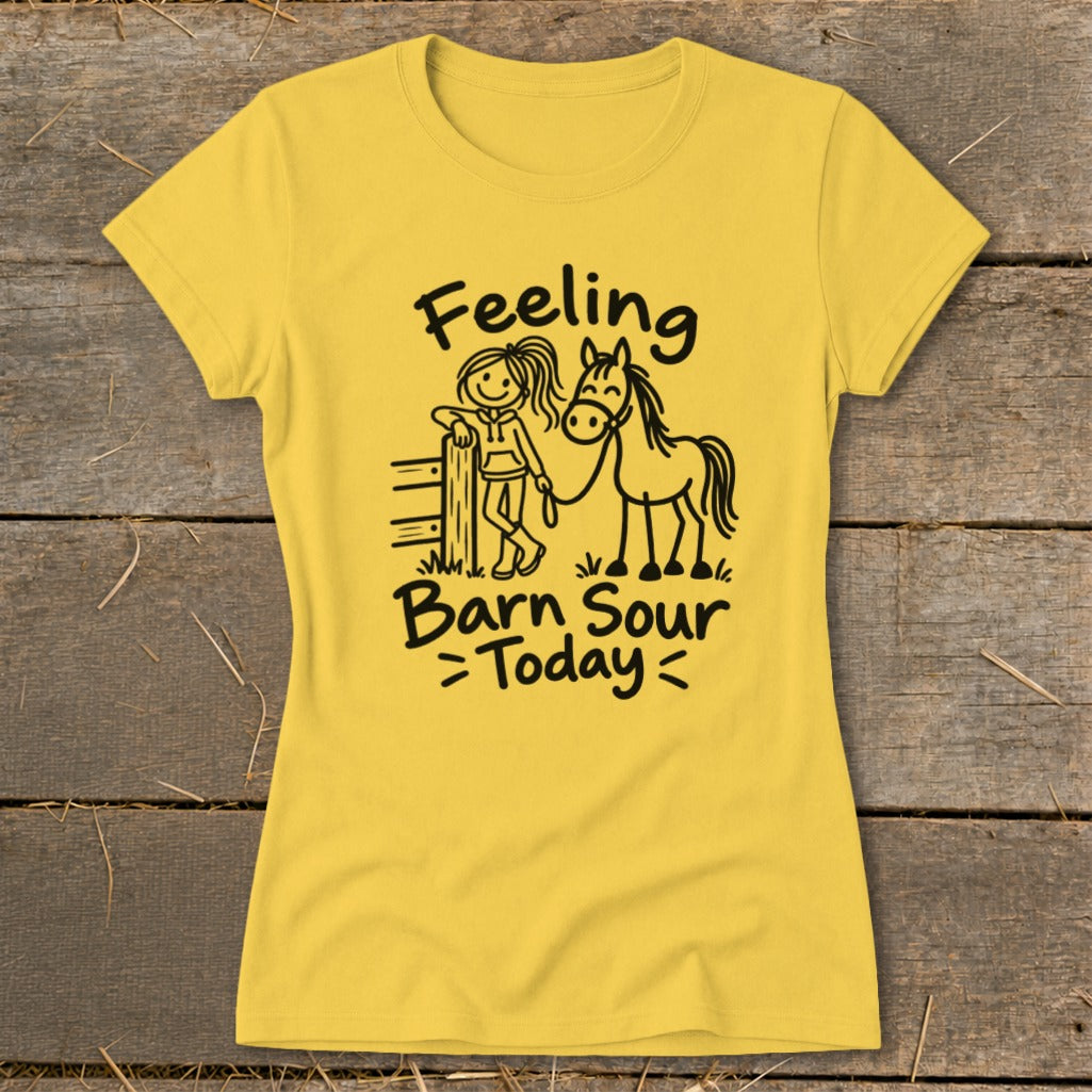Yellow t-shirt with "Feeling Barn Sour Today" text and a stick figure girl with a horse.