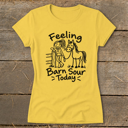 Yellow t-shirt with "Feeling Barn Sour Today" text and a stick figure girl with a horse.