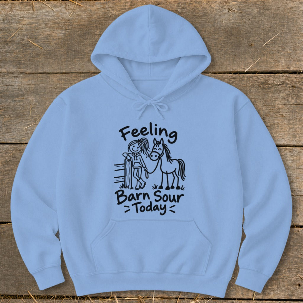 Light blue hoodie with black text and stick figure drawing of girl and horse.