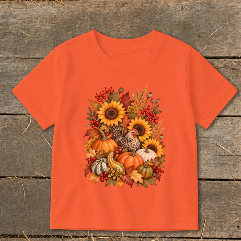 Orange t-shirt with a fall harvest design featuring chickens and pumpkins.