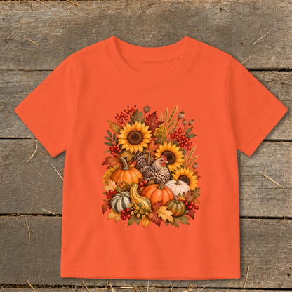 Orange t-shirt with a fall harvest design featuring chickens and pumpkins.