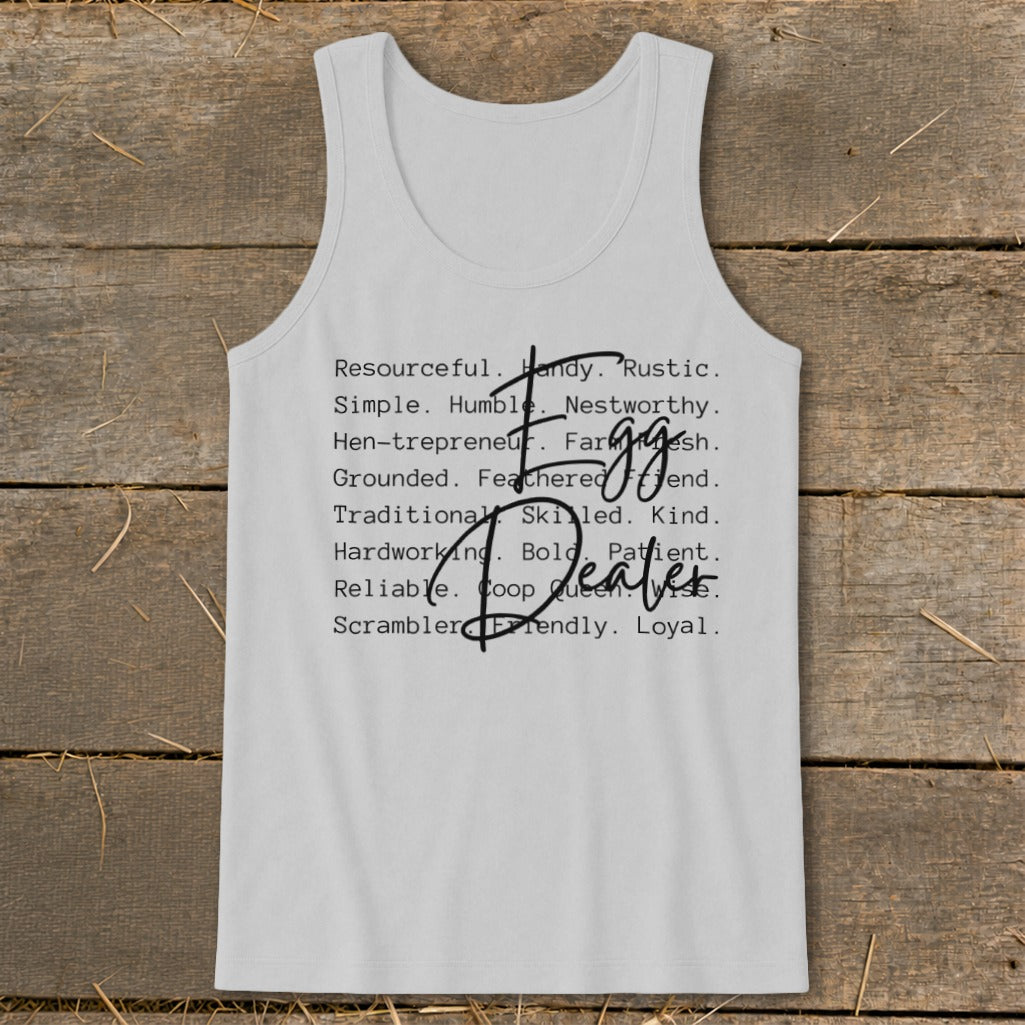 White tank top with "Egg Dealer" text and list of descriptive words.