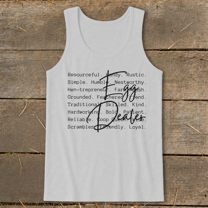 White tank top with "Egg Dealer" text and list of descriptive words.