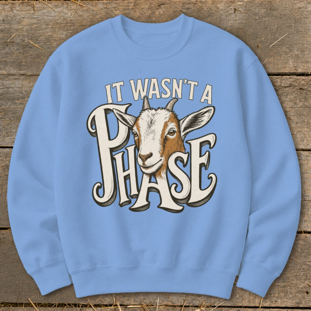 Light blue sweatshirt with a goat and the text "IT WASN'T A PHASE".