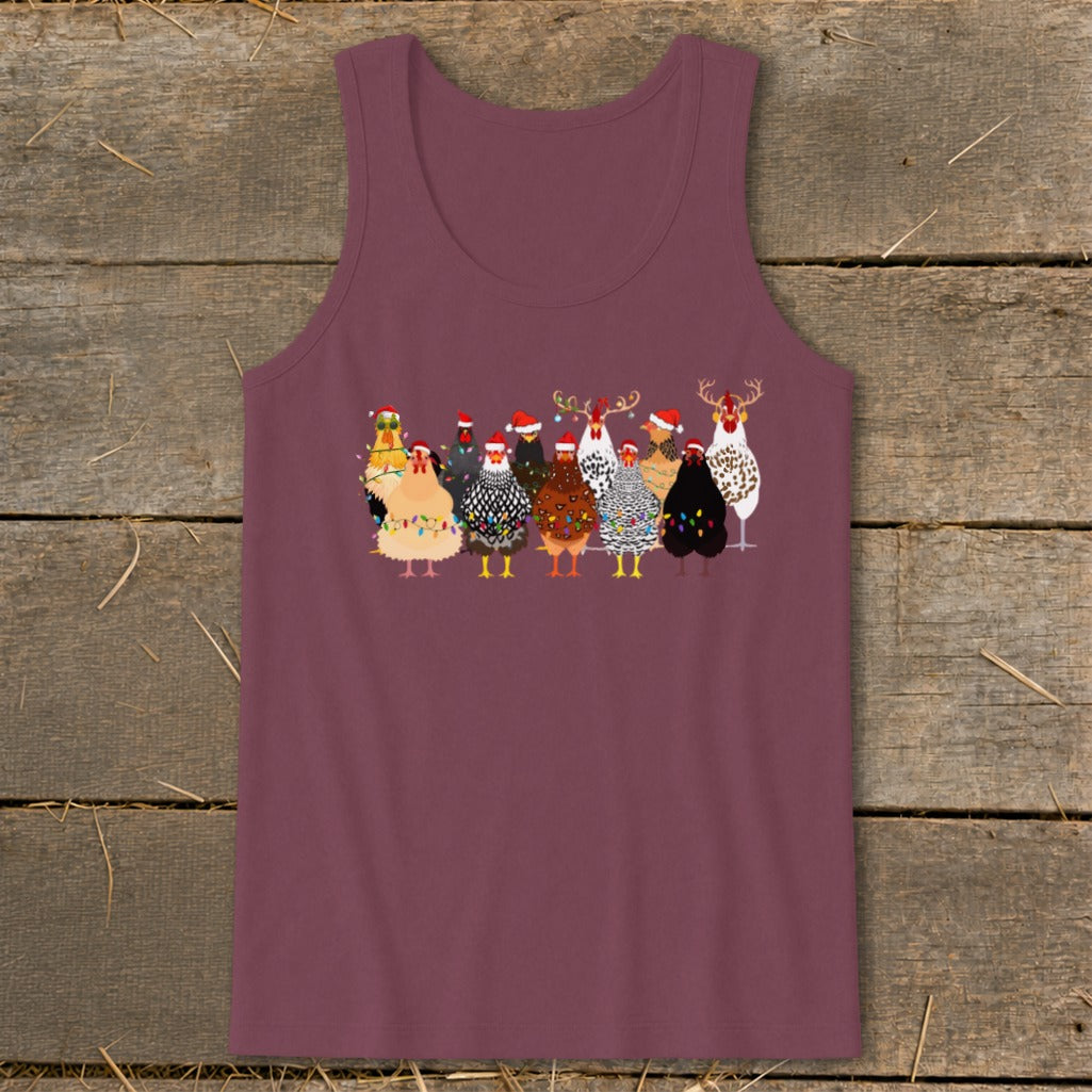 Maroon tank top with a cartoon print of chickens wearing Santa hats and Christmas lights.