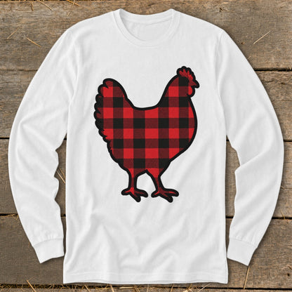White long-sleeve shirt with a red and black buffalo plaid chicken graphic.