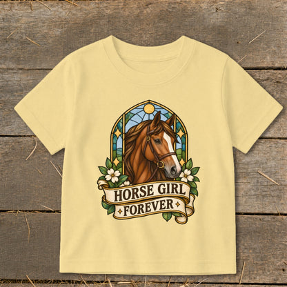 Light yellow t-shirt with horse art and "Horse Girl Forever" text.