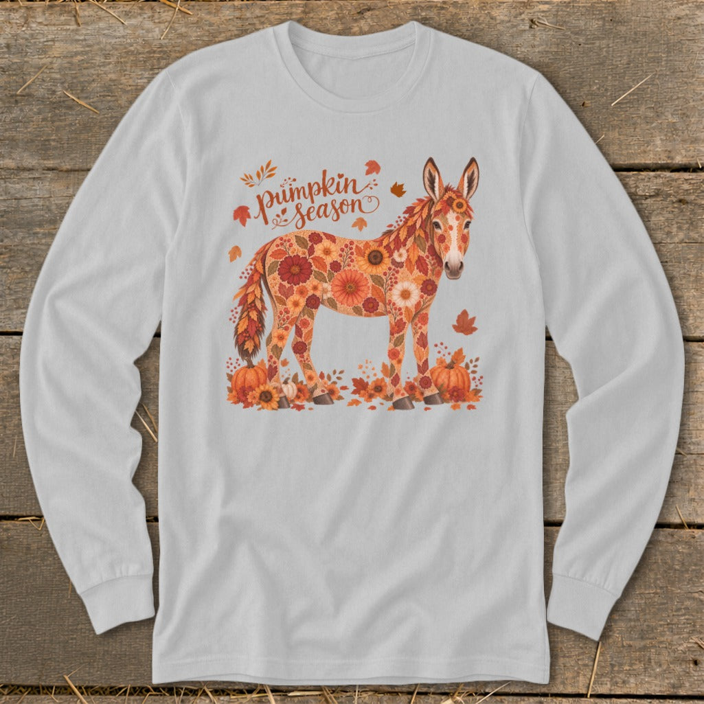 Donkey illustration with "Pumpkin Season" text, surrounded by pumpkins and autumn leaves.