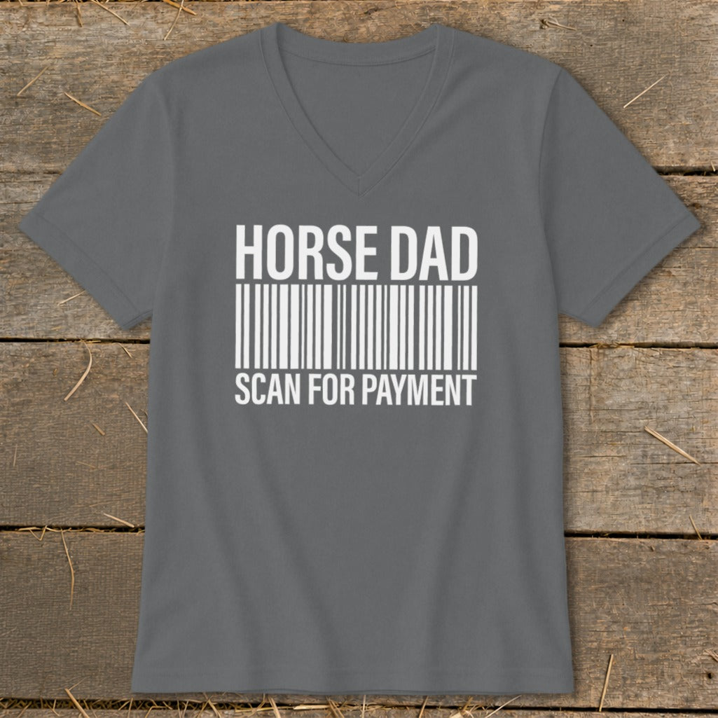 Grey v-neck t-shirt with "HORSE DAD SCAN FOR PAYMENT" and barcode design.