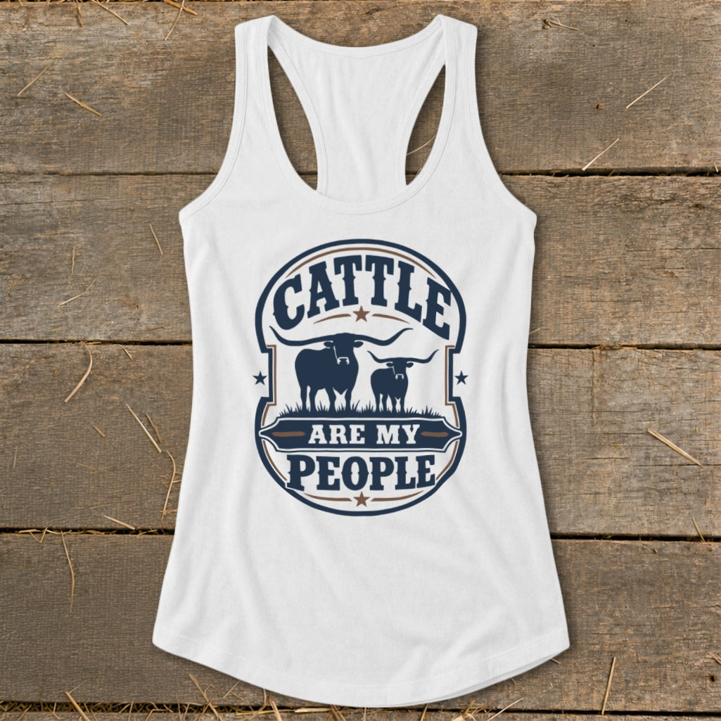 White tank top with "Cattle Are My People" graphic featuring two longhorn cattle.