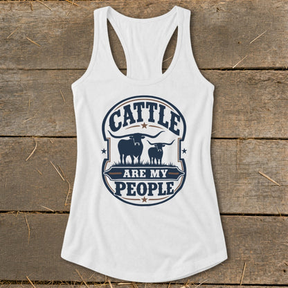 White tank top with "Cattle Are My People" graphic featuring two longhorn cattle.