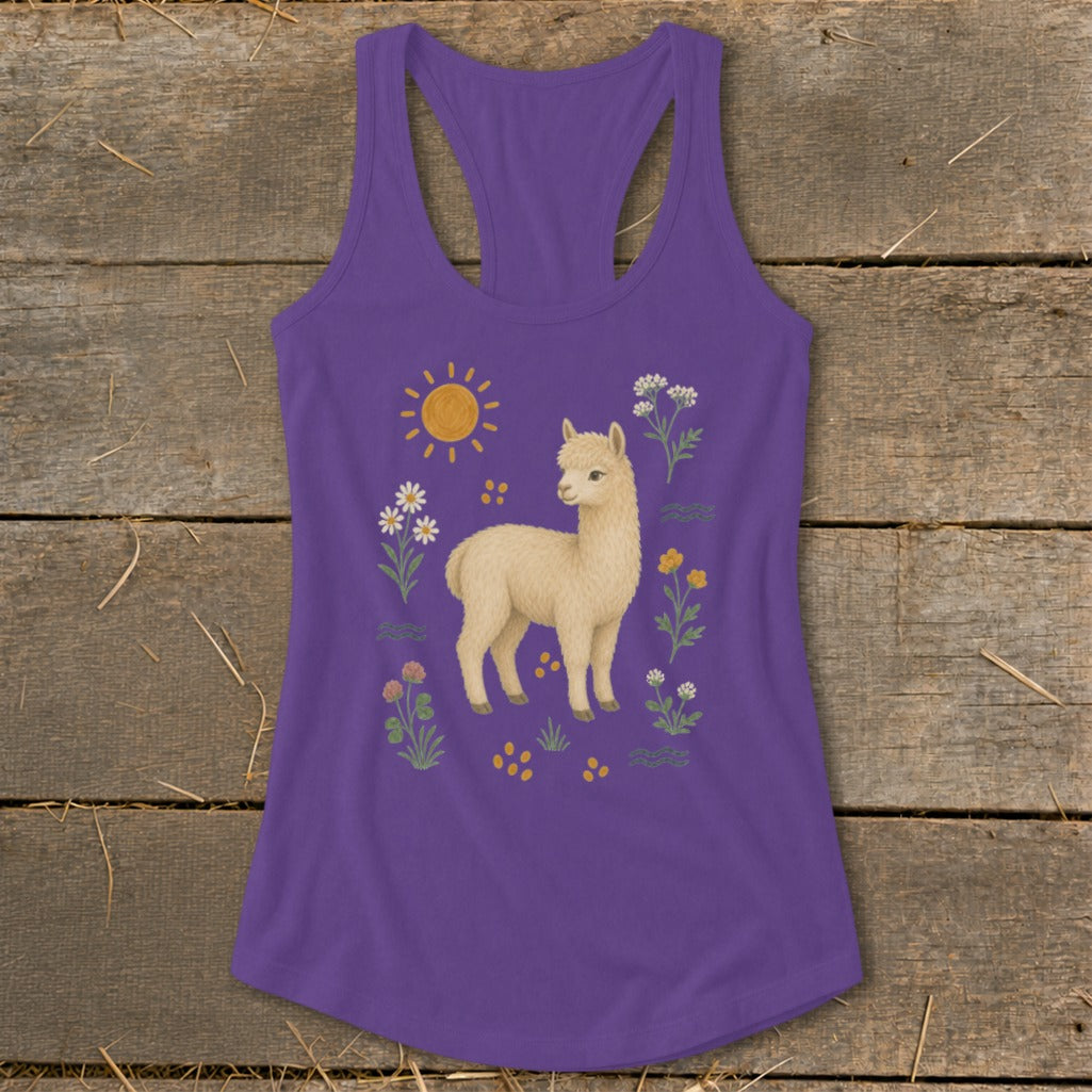 Purple tank top with a cream alpaca and floral meadow graphic.
