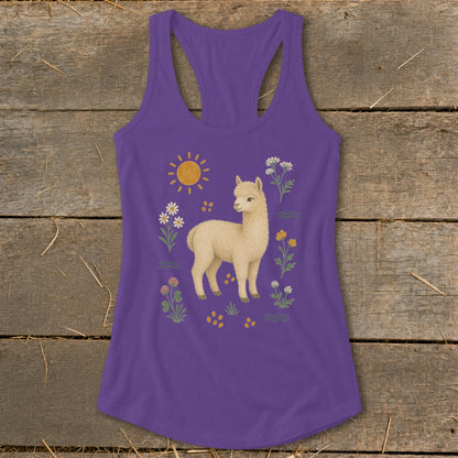 Purple tank top with a cream alpaca and floral meadow graphic.