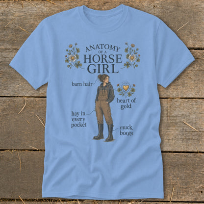 Light blue t-shirt with "Anatomy of a Horse Girl" graphic and illustration.