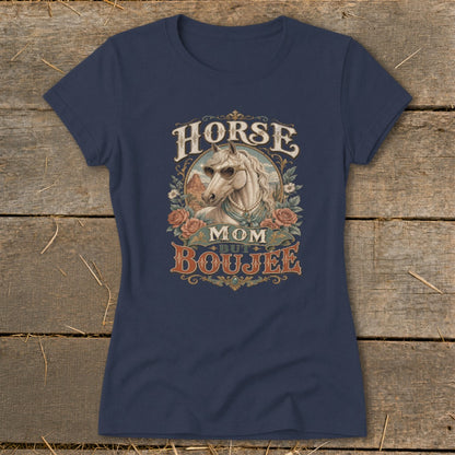 Navy t-shirt with "Horse Mom But Boujee" graphic featuring a horse wearing sunglasses.