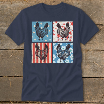 Four vintage-style chickens with floral patterns on backgrounds of stars and stripes.
