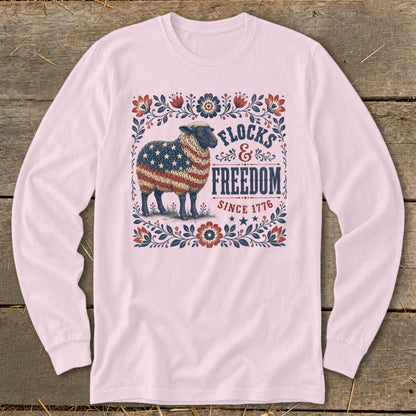 Sheep with American flag pattern and text "Flocks & Freedom Since 1776".