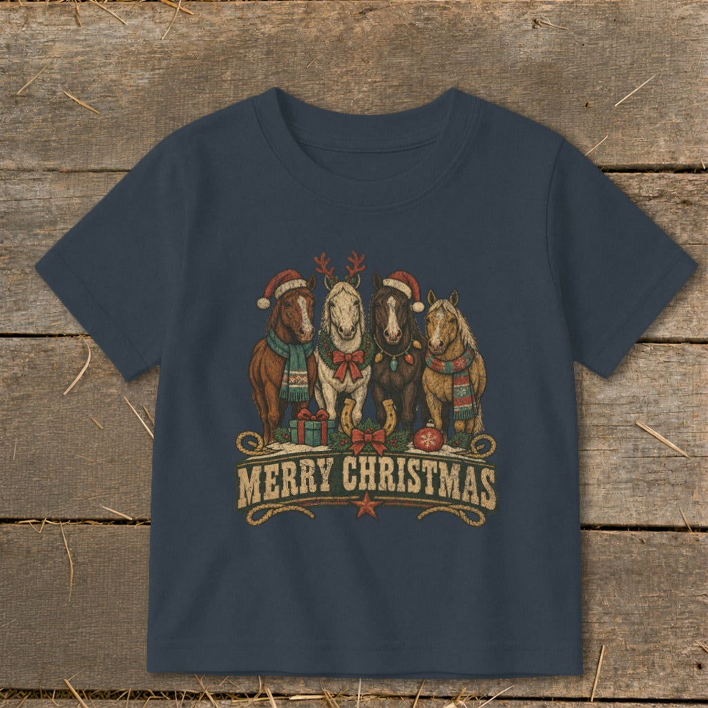 Four horses wearing Christmas hats and scarves on a t-shirt with "Merry Christmas" text.