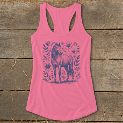 Pink tank top with a blue horse and floral sketch design.