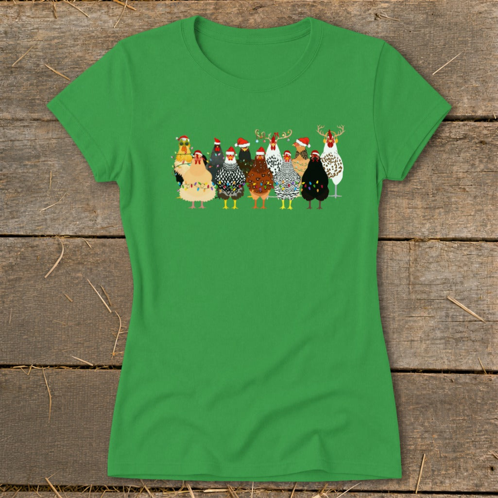 Green t-shirt with a Christmas-themed illustration of chickens wearing Santa hats and lights.