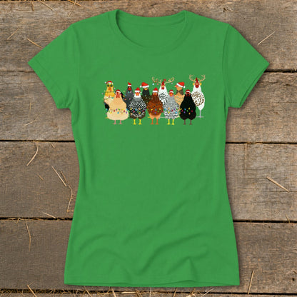 Green t-shirt with a Christmas-themed illustration of chickens wearing Santa hats and lights.
