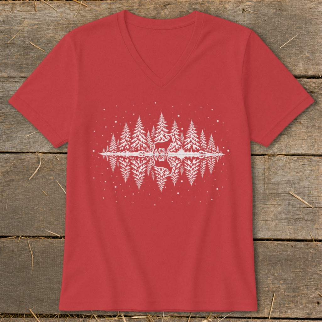 Red v-neck t-shirt with white winter forest and deer graphic with reflection.