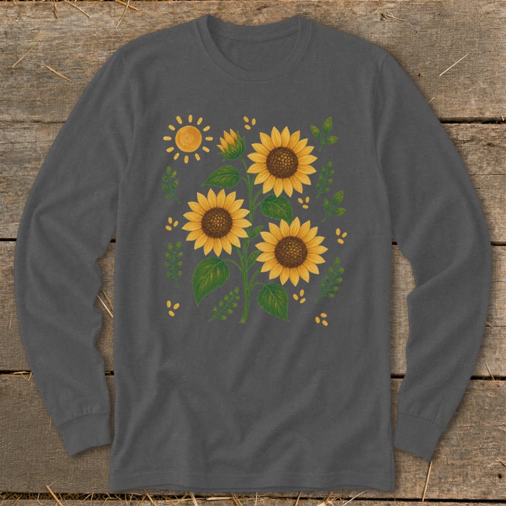 Dark gray long-sleeve shirt with a sunflower and sun graphic design.