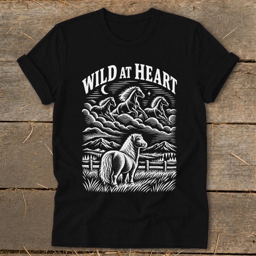Black t-shirt with "Wild at Heart" text and stylized horses.