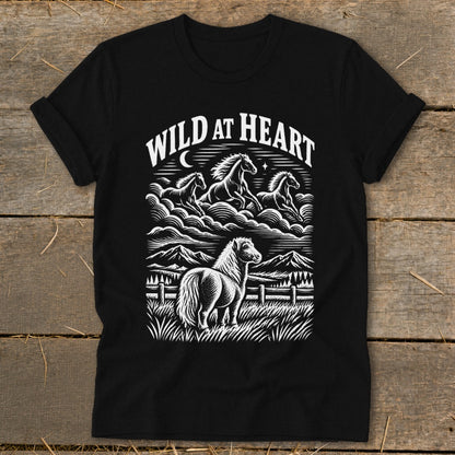 Black t-shirt with "Wild at Heart" text and stylized horses.
