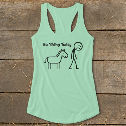 Light green tank top with text and stick figures of a sad person and horse.