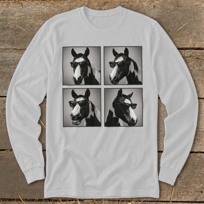 Four black and white squares show a horse wearing sunglasses with different expressions.