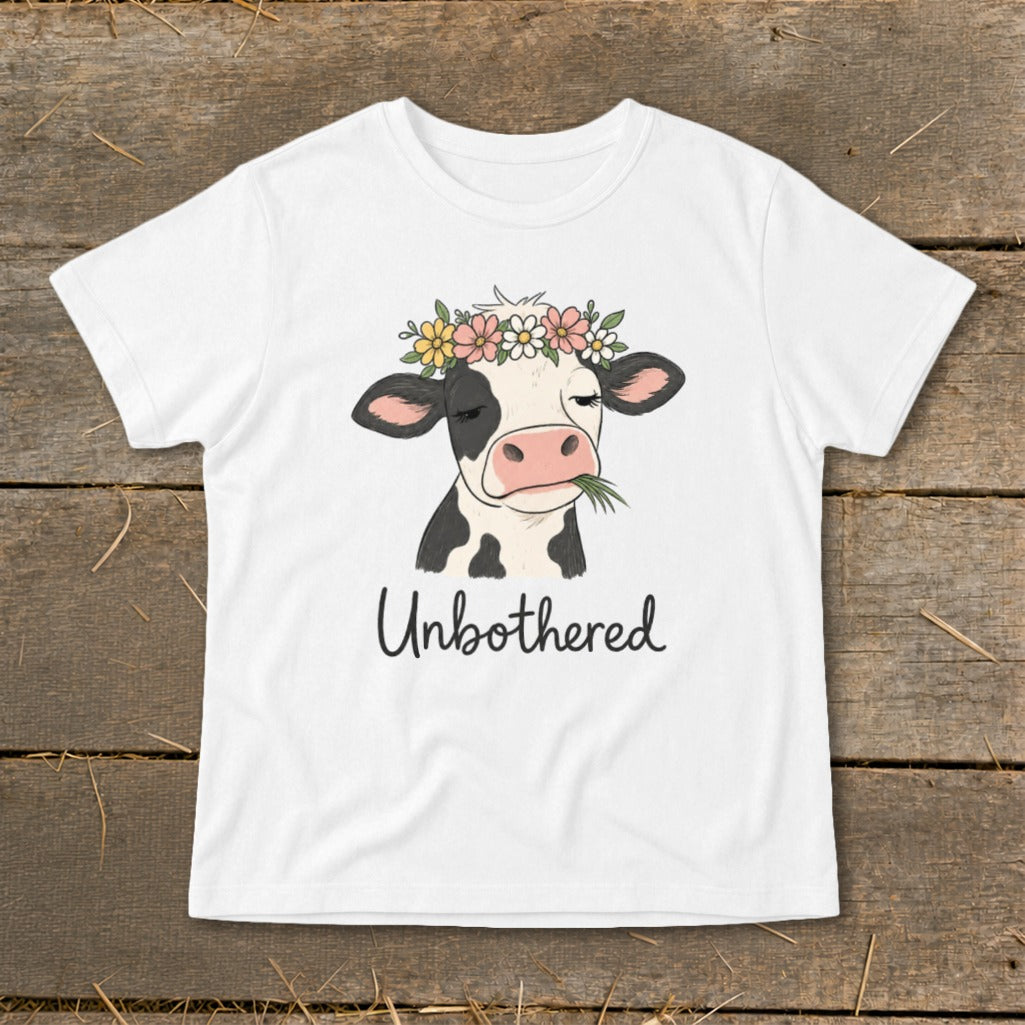 White t-shirt with a cartoon cow wearing a flower crown and eating grass, text says "Unbothered".