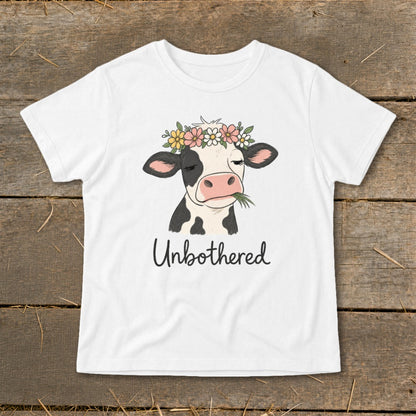 White t-shirt with a cartoon cow wearing a flower crown and eating grass, text says "Unbothered".