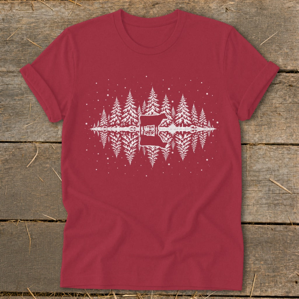 Red t-shirt with white forest and lake graphic featuring the letter E.
