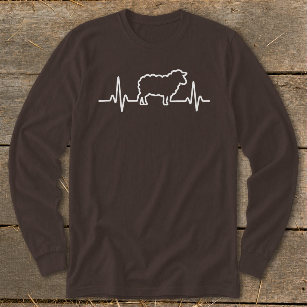 A dark brown long-sleeved t-shirt featuring a white sheep silhouette integrated into a heartbeat line.