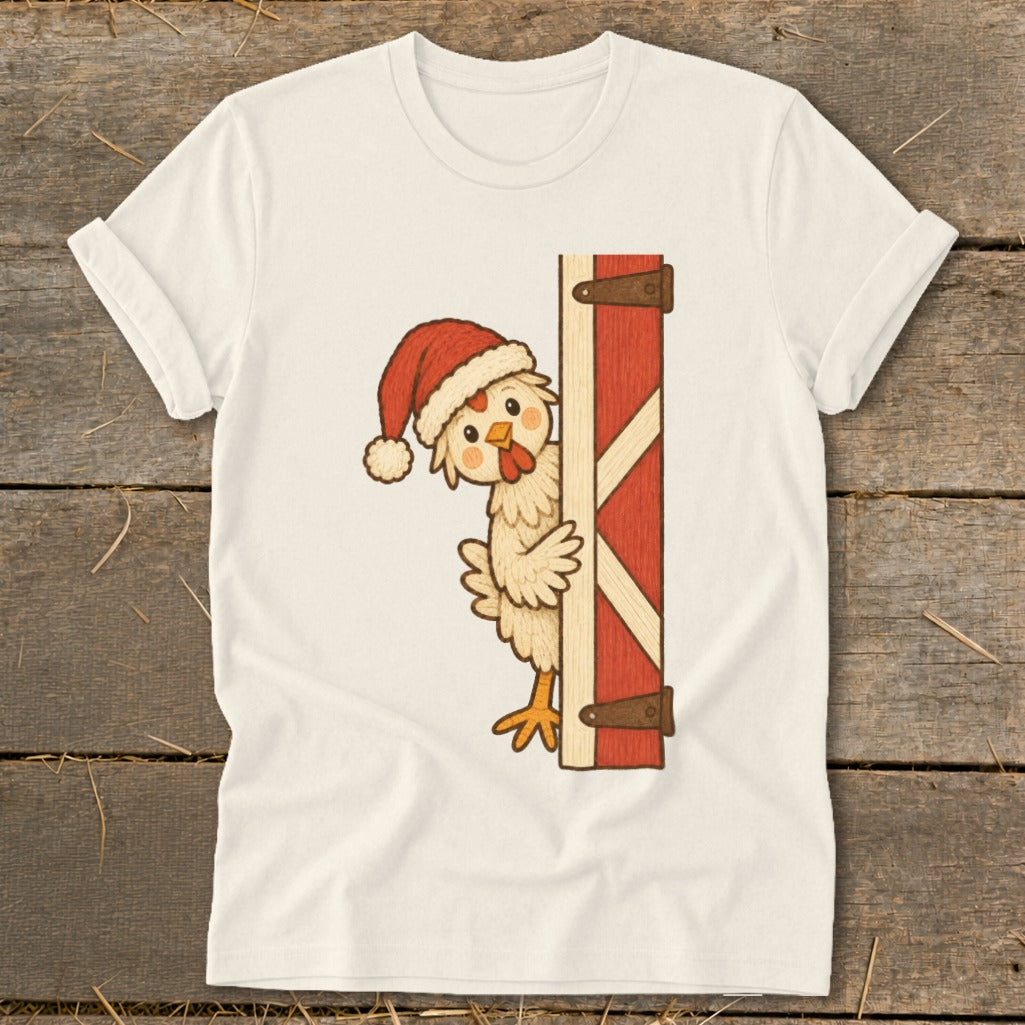 Illustration of a chicken wearing a Santa hat peeking from behind a red barn door.