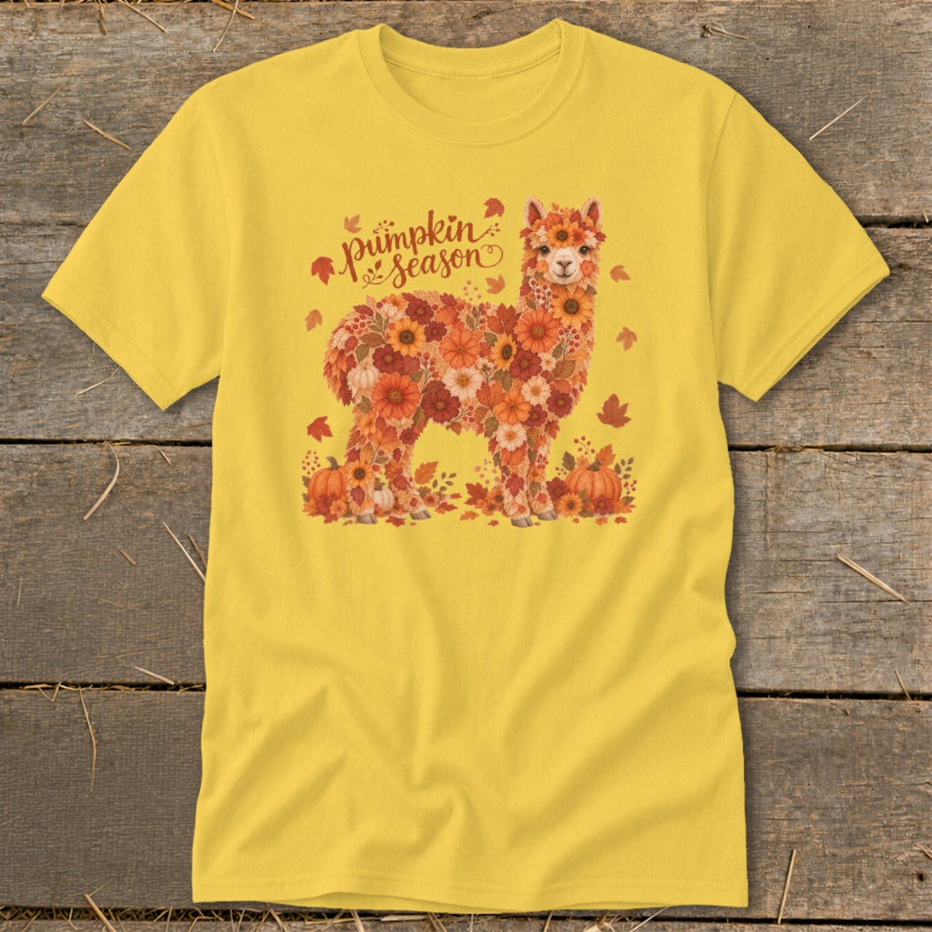 Yellow t-shirt with floral alpaca design and "pumpkin season" text.