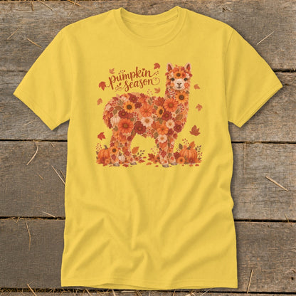 Yellow t-shirt with floral alpaca design and "pumpkin season" text.