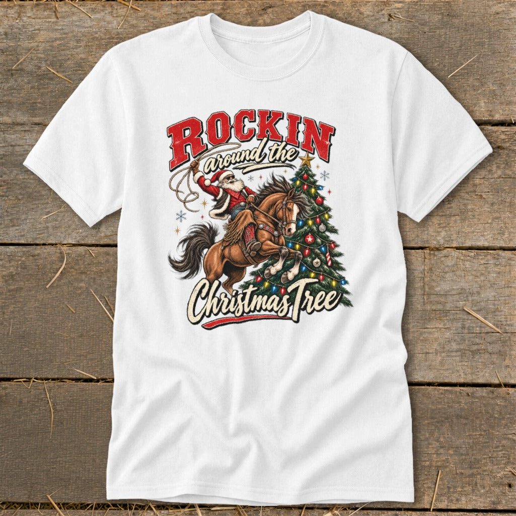Santa riding a horse, lassoing a Christmas tree, with text "Rockin around the Christmas Tree".