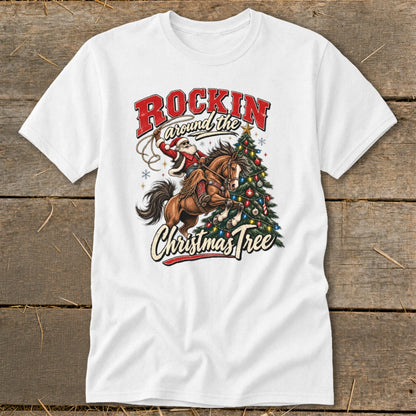 Santa riding a horse, lassoing a Christmas tree, with text "Rockin around the Christmas Tree".