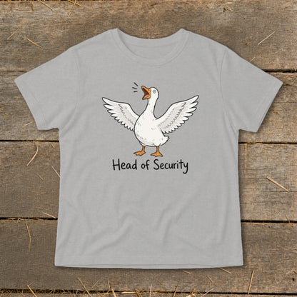 Grey t-shirt with cartoon goose and text "Head of Security".