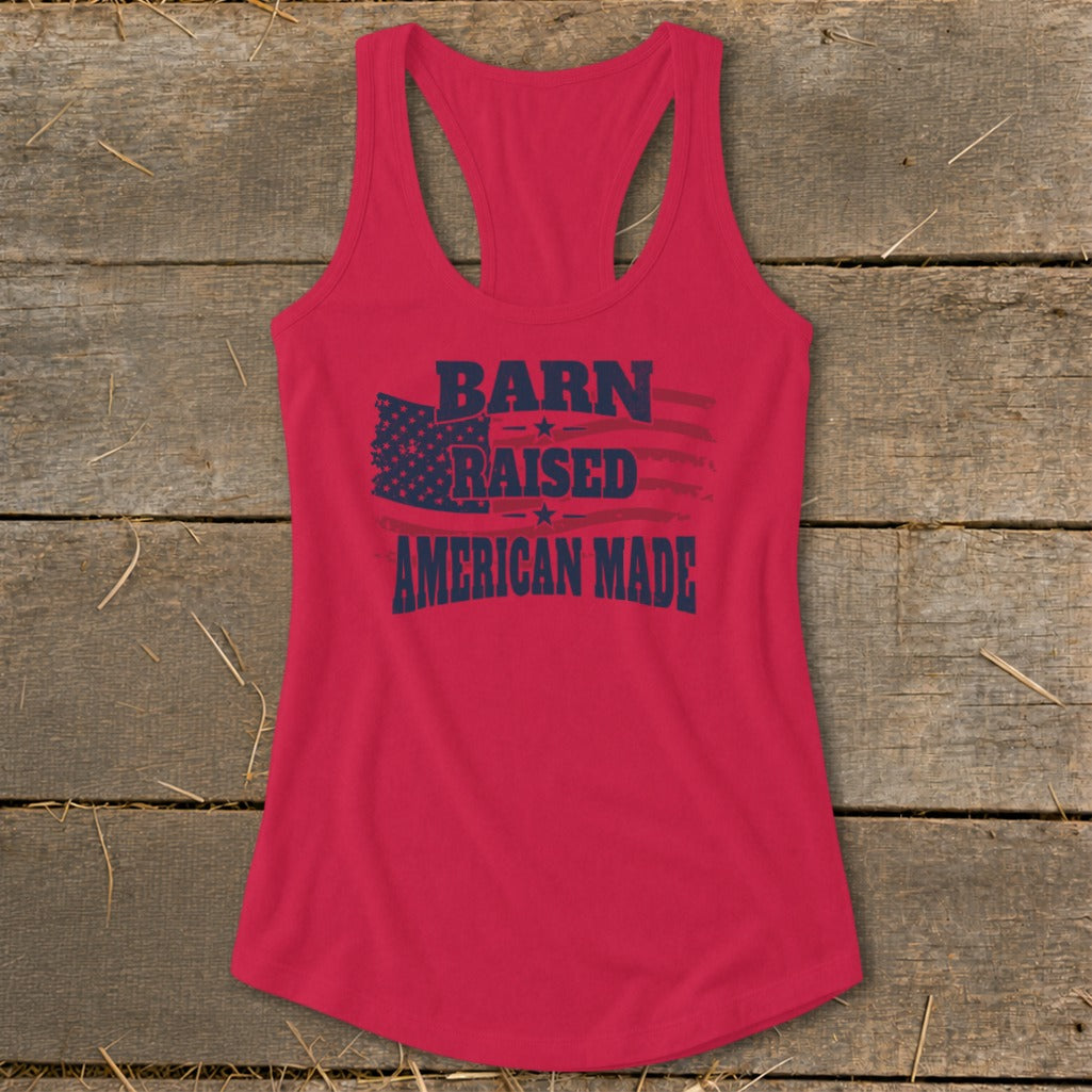 Red tank top with "Barn Raised American Made" text and American flag graphic.