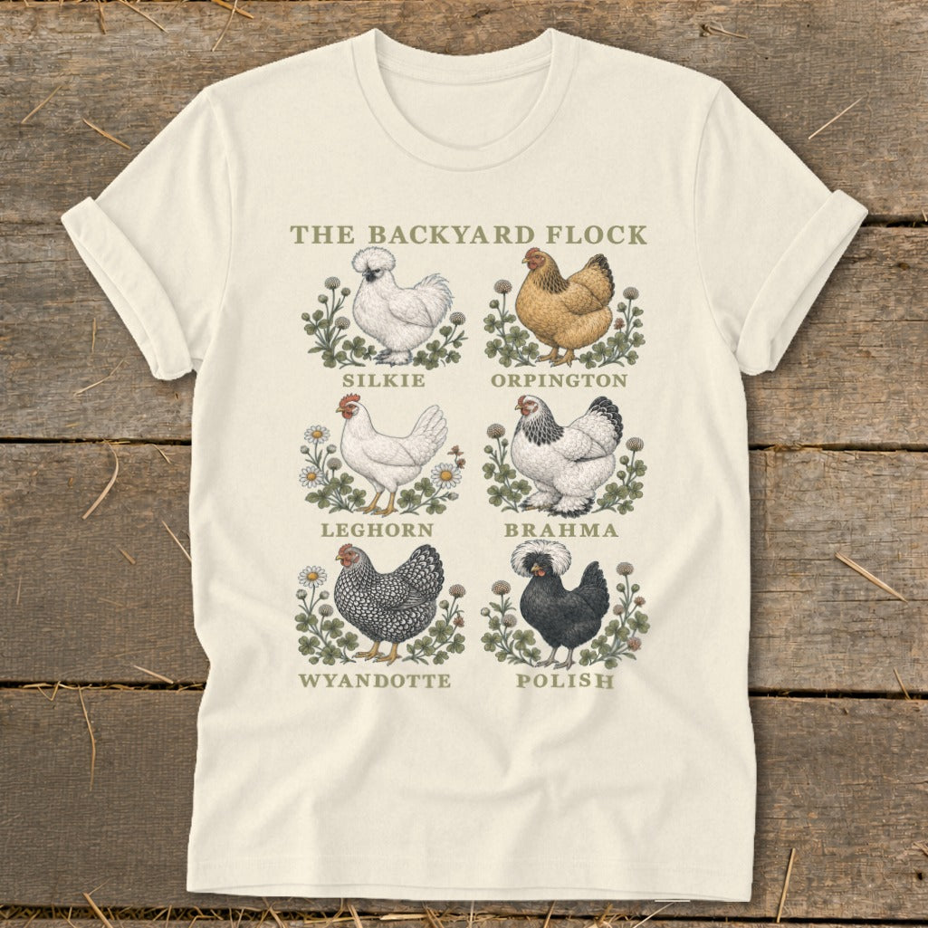 The Backyard Flock t-shirt features six chicken illustrations with their breed names: Silkie, Orpington, Leghorn, Brahma, Wyandotte, and Polish.