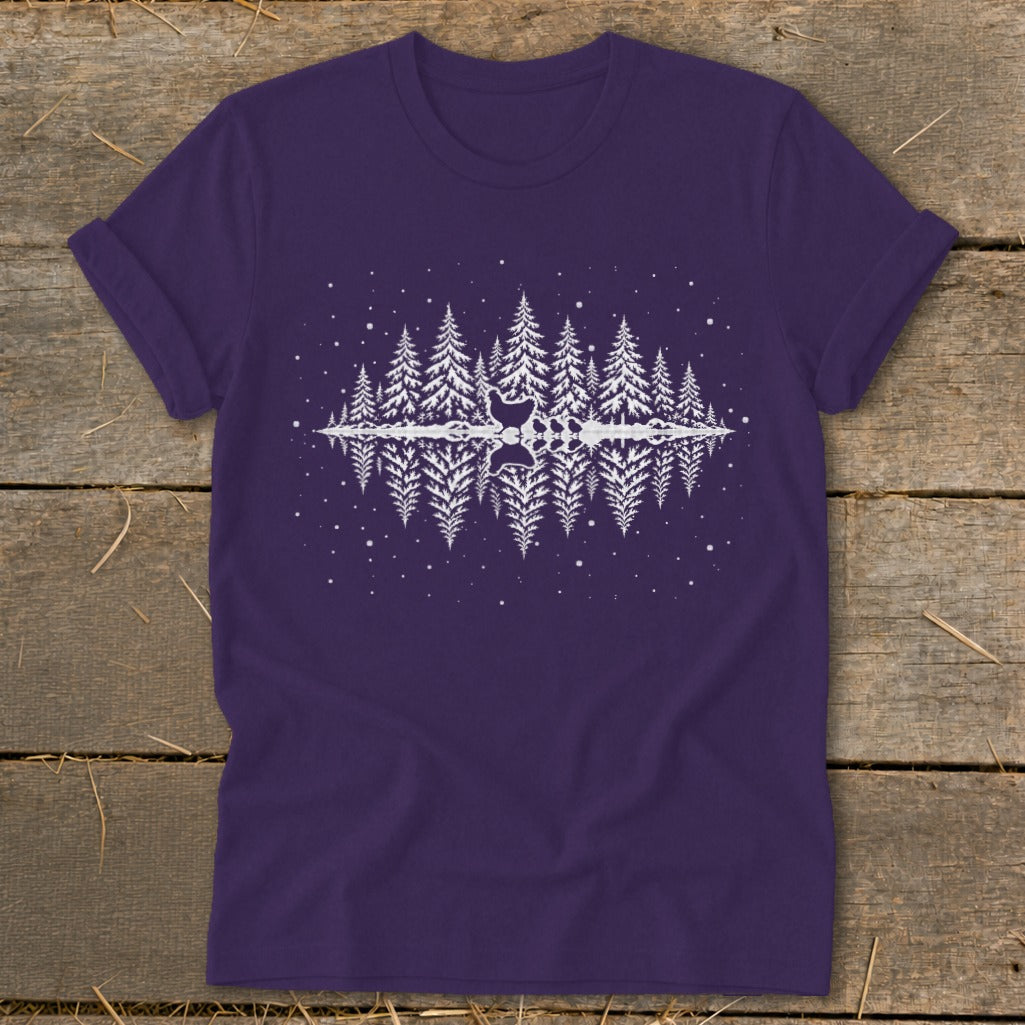 Purple t-shirt with white pine trees and reflection graphic.