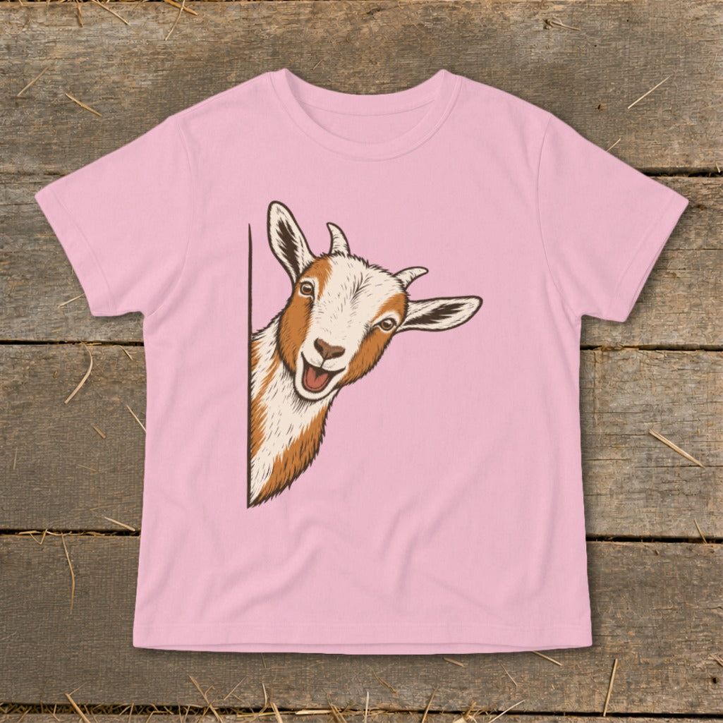 Pink t-shirt with a brown and white goat peeking from the side.