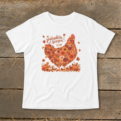 White t-shirt with a chicken made of autumn flowers and leaves, text says "pumpkin season".